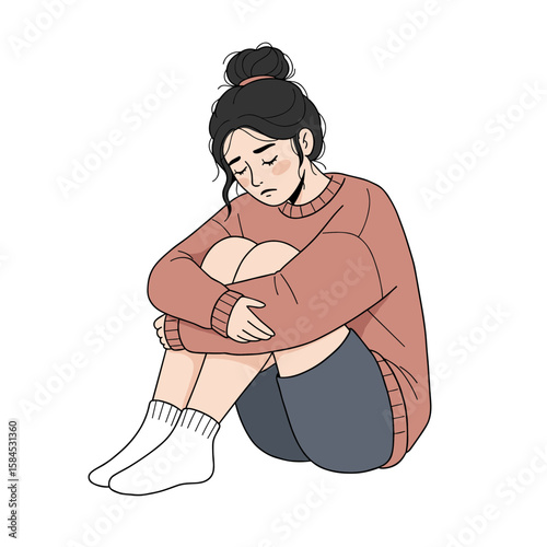 Young woman sitting on the floor with knees hugged, feeling sad  