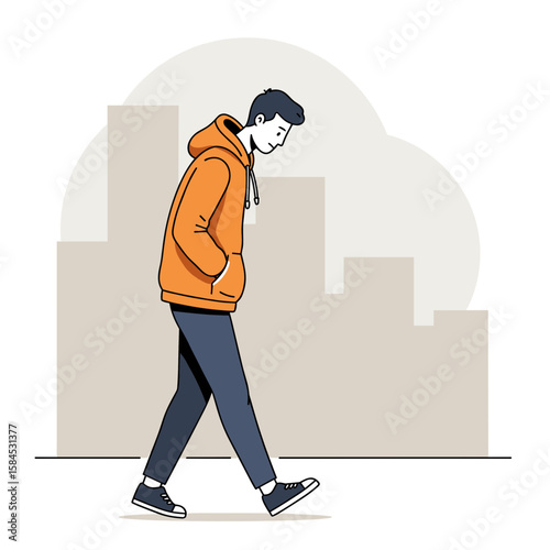 A young man walks through the city alone, hunched over, wearing a hoodie and a somber expression
