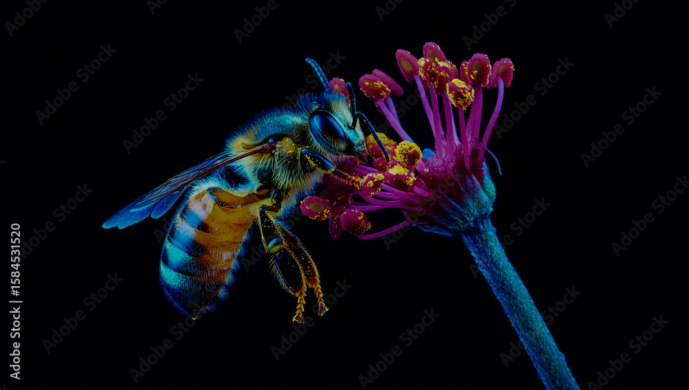Obraz premium Close-up image of a honey bee holding the stamens to collect honey, set against a dark background, detailed macro shot, vibrant natural colors, insect behavior, pollination process.