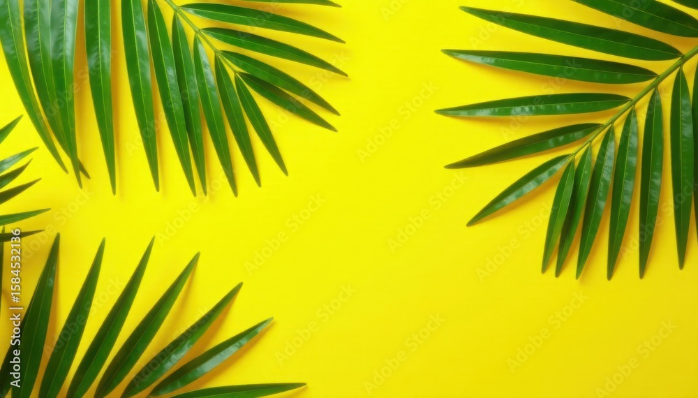 Fototapeta premium Lush tropical palm fronds splayed across cheerful yellow surface , texture, holiday, lush green
