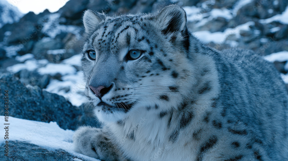Obraz premium Snow leopard in snowy mountain landscape, showcasing its beautiful fur and piercing eyes, embodying grace and strength in wild