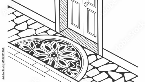 Illustration of a doorway with a decorative mat and stone pathway in black and white line art