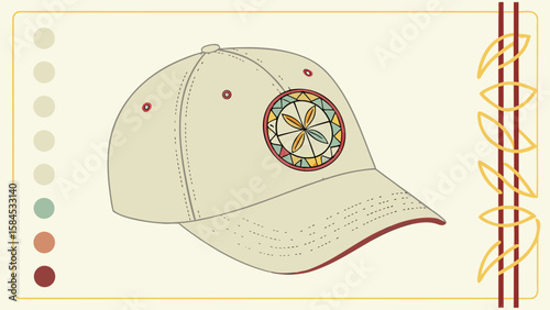 Illustration of a beige baseball cap with a circular design and decorative border elements design