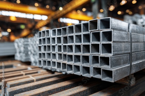 Square metal profiles bundled at a metal products warehouse in Russia