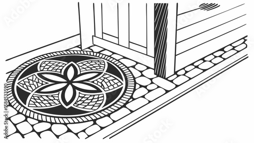 Black and white illustration of a floral design rug at the entrance of a building on a stone path