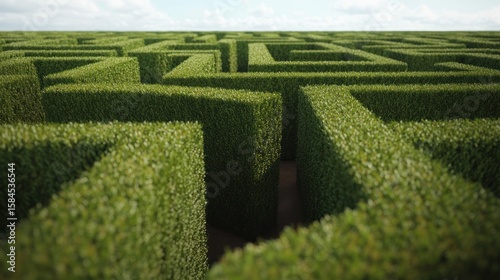 Lush Green Hedgerow Maze Under Sunny Sky
