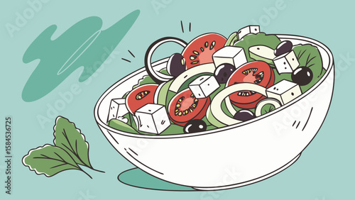 Illustration of a greek salad in a white bowl with tomatoes feta olives and onion rings on a blue background