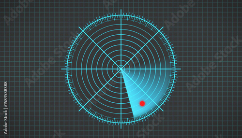 Illustration of a radar screen in blue with scanning beam on dark background - virtual dashboard interface.
