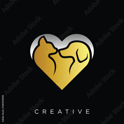 Gold and Silver Heart Pet Logo with Cat and Dog