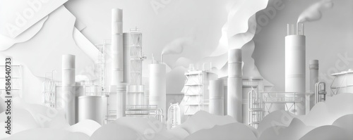 A monochrome depiction of an industrial complex with various chimneys and billowing smoke clouds above