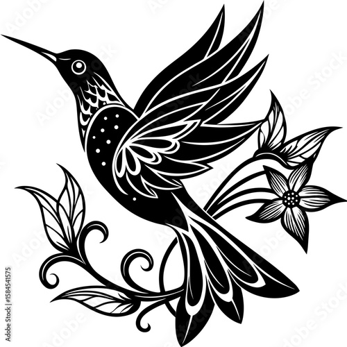 Graceful hummingbird and floral design creates a striking graphic, ideal for stylized icons, emblems, or decorative elements.