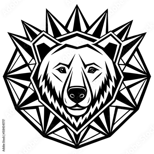 Geometric bear head graphic with angular details, perfect for wildlife themes, mascot designs, or bold logo concepts requiring a striking appearance.