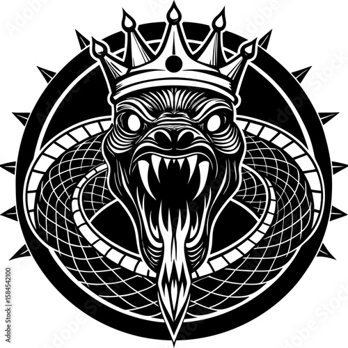 Striking graphic art features a crowned snake in a circular, spiked frame, perfect for edgy logos or designs.