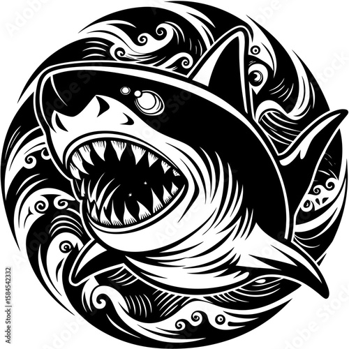 Striking shark design encircled by stylized waves, ideal for fierce logos and nautical themed designs, ready for your creative projects.