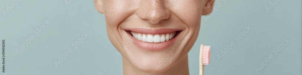Fototapeta premium Confident Young Woman Morning Oral Care Routine with Toothbrush and Toothpaste in Bathroom Premium Healthy Lifestyle Content for Marketing Campaigns
