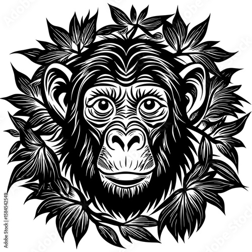 Detailed monkey face encircled by foliage makes a striking graphic design element, suitable for logos, apparel design, or artistic projects.