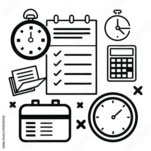 Time management icon set. Containing schedule, to-do list, task, manage time, planner, calendar, delegation, reminder, timer, set priorities and more. Solid vector icons collection
