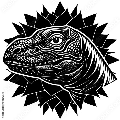 Detailed reptile artwork presents a stylized iguana head with scale details and spiky elements, suitable for logo or icon designs.