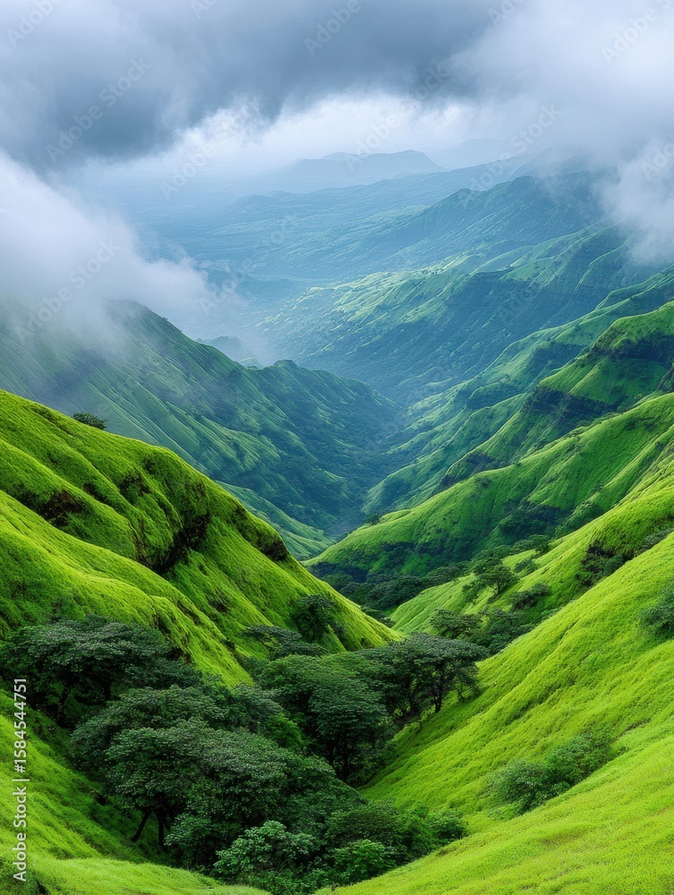 Fototapeta premium Premium Monsoon Trek Scenic Valley Landscape with Rolling Green Hills and Misty Forests for Authentic Eco-Travel Marketing and Inspiring Adventure Content