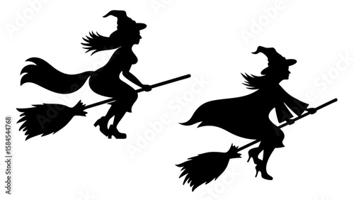 Set Of Flying Witch Silhouettes on Broomsticks