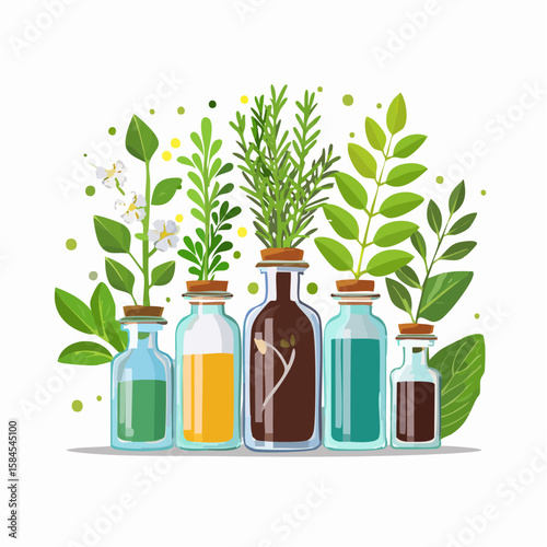 Collection of Herbs and Spices in Apothecary Bottles