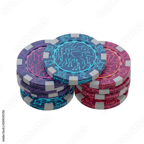 Stack of casino chips featuring an intricate circuit board pattern create a modern and futuristic aesthetic, adding a high tech feel to gambling or gaming setups.