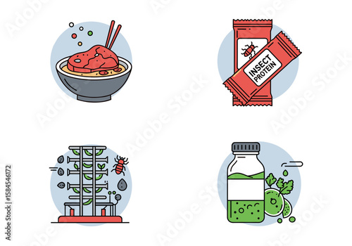 Futuristic food technology icons in vector format: lab-grown meat, insect protein bar, vertical farm, algae shake