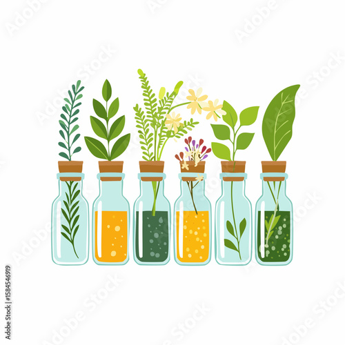 Collection of Herbs and Spices in Apothecary Bottles