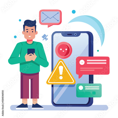 Man using smartphone receiving alert notifications and messages modern illustration