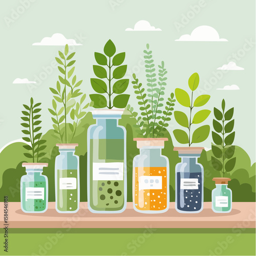 Collection of Herbs and Spices in Apothecary Bottles