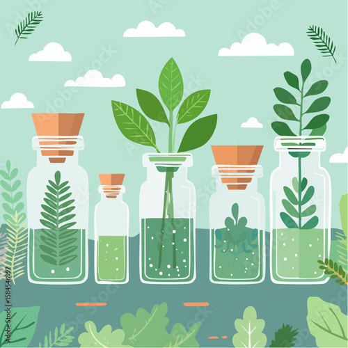 Collection of Herbs and Spices in Apothecary Bottles
