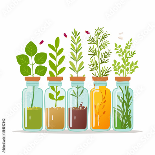 Collection of Herbs and Spices in Apothecary Bottles