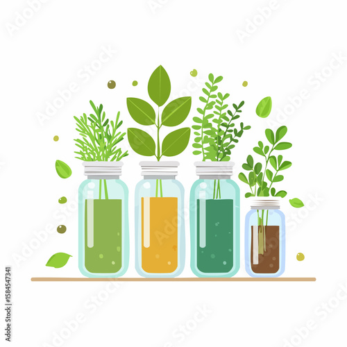 Collection of Herbs and Spices in Apothecary Bottles