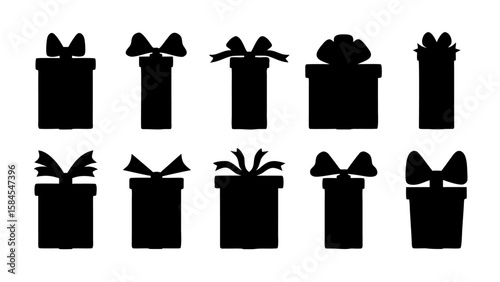  Gift boxes with ribbon icons Set. Gift box flat silhouette set.