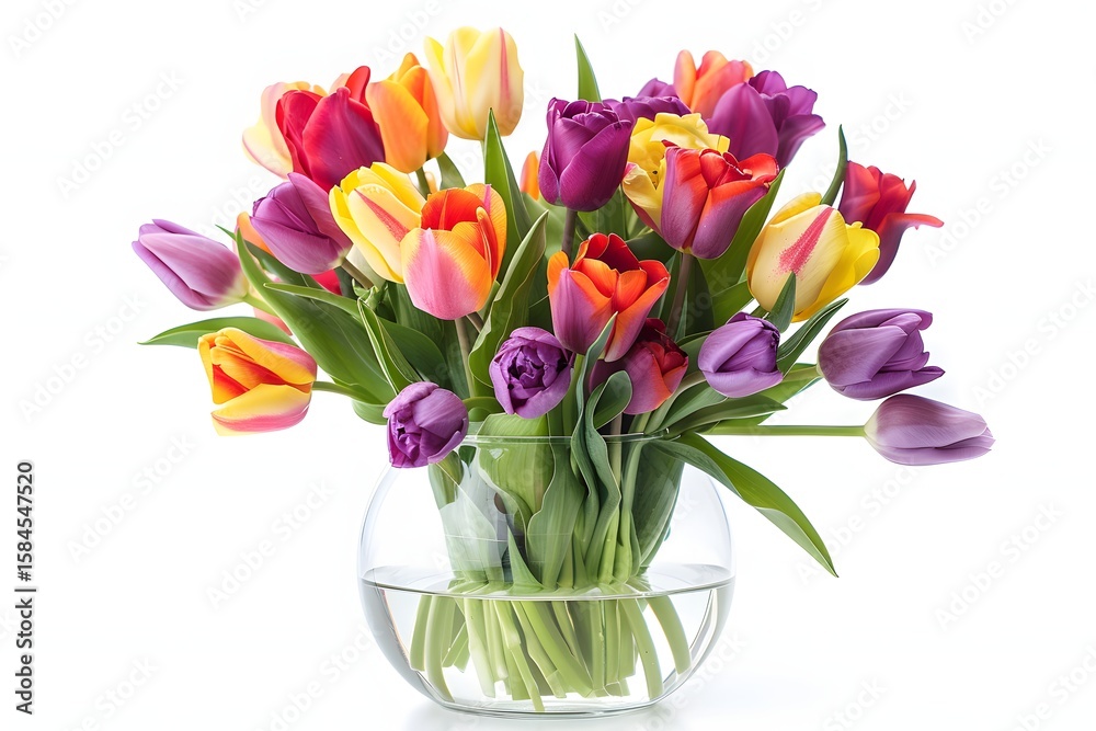 Obraz premium Colorful Tulips in Clear Glass Vase on White Background