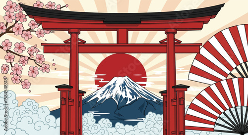 Illustration of a red Torii gate framing Mount Fuji with cherry blossoms and fans against a stylized sunburst background.