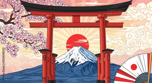 Japanese torii gate, Mount Fuji, cherry blossoms, and traditional fan, a stylized illustration of Japanese culture.