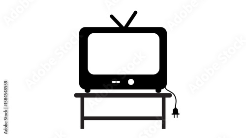 Minimalist black and white vector illustration of a retro television with antennae, placed on a table, and featuring a power cord with plug.
