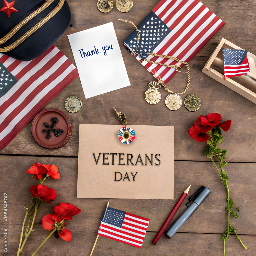 Fototapeta premium A flat lay of Veterans Day tribute items including a mini American flag, a poppy flower, a small thank-you card, and a military medal. Simple and respectful.