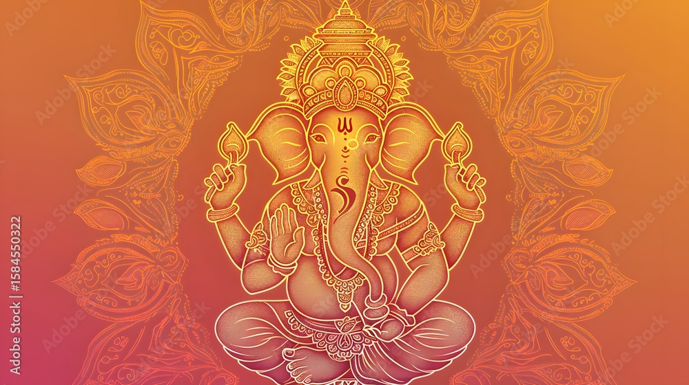 Fototapeta premium Gold Line Art of Lord Ganesha Sitting Meditating on Orange Background