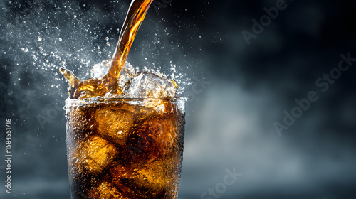 Dynamic shot of cola being poured into a tall glass with ice and water splashes against a dark background