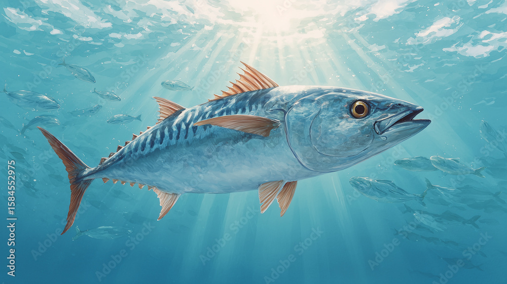 Fototapeta premium Watercolor Painting of Mackerel Swimming in Open Ocean Habitat