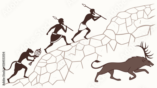 Illustration showing a hunting scene with figures pursuing a deer up a rocky incline in brown tones