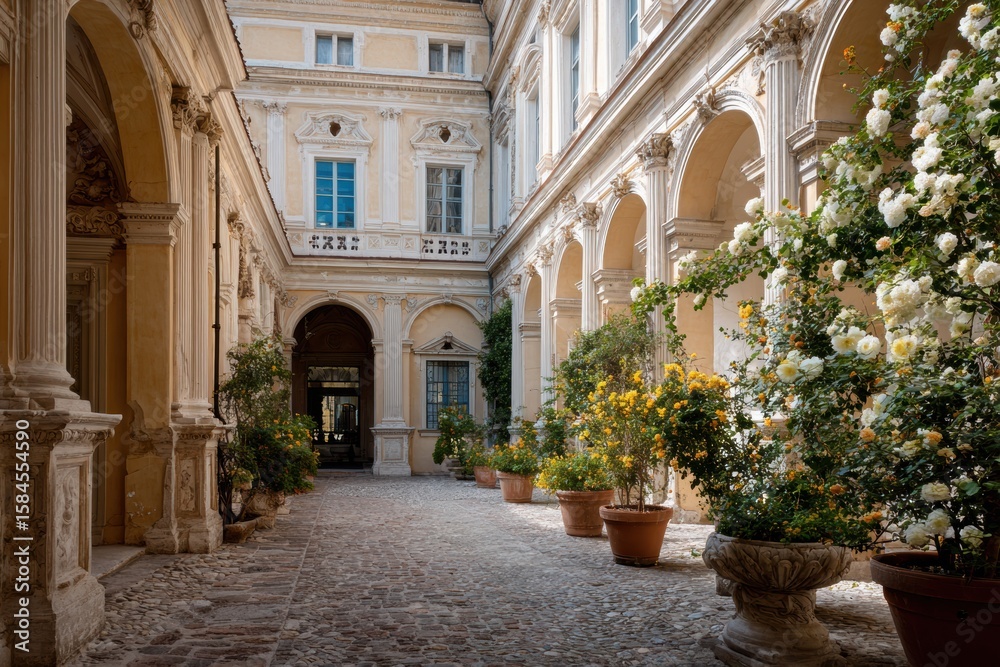 Premium Renaissance Villa Courtyard Exterior with Detailed Columns and Blossoming Gardens for Artistic Heritage Travel Marketing and Editorial Use Premium Renaissance Villa Courtyard Exterior with Detailed Columns and Blossoming Gardens for Artistic Heritage Travel Marketing and Editorial Use