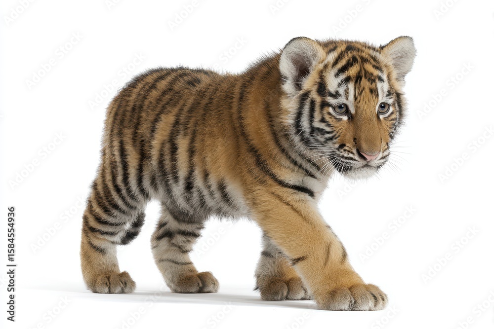Obraz premium Two month old tiger cub walking on a white backdrop