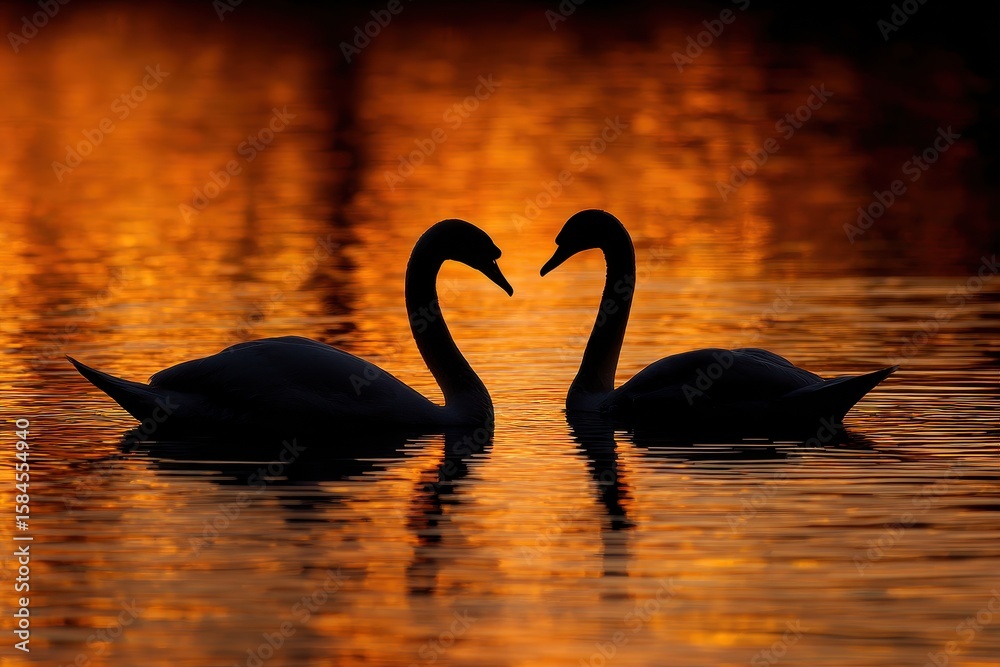 Fototapeta premium Two swans feed in water illuminated by the sunset