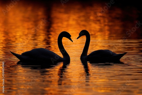 Fototapeta Naklejka Na Ścianę i Meble -  Two swans feed in water illuminated by the sunset