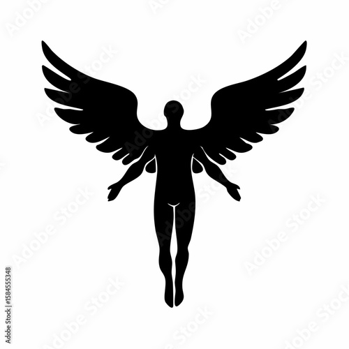 Silhouette of a nude human figure with wings extending upwards in black