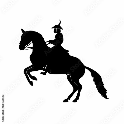 Silhouette of a horse rearing with a rider wearing a traditional hat