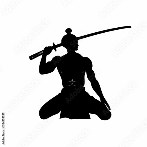 Silhouette of a muscular warrior kneeling with a katana sword ready to strike